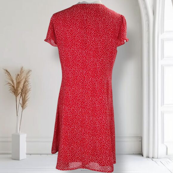 Aqua Button Front Mini Dress Size L Polka Dot Fit Flare Skater Flutter Sleeve - Picture 8 of 14